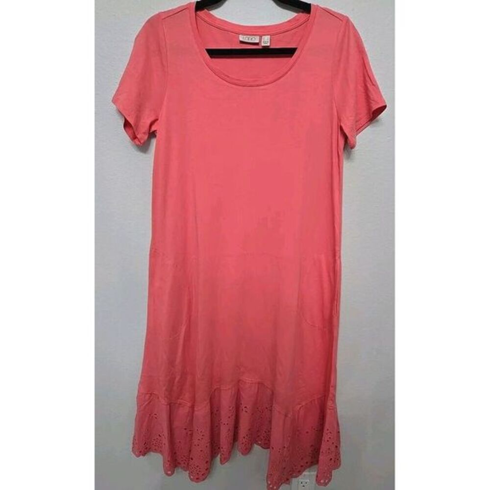 LOGO by Lori Goldstein Dress Small Petite Coral Cotton Modal Eyelet Trim Midi